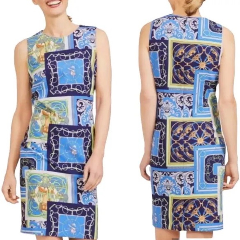 Multi colored shift dress. Equestrian motif.